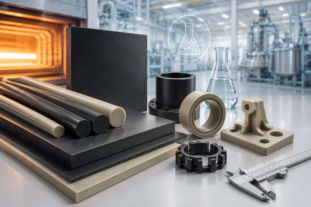 PPS plastic rods, sheets, and machined components shown in an industrial setting with heat, chemical, and precision measurement cues.