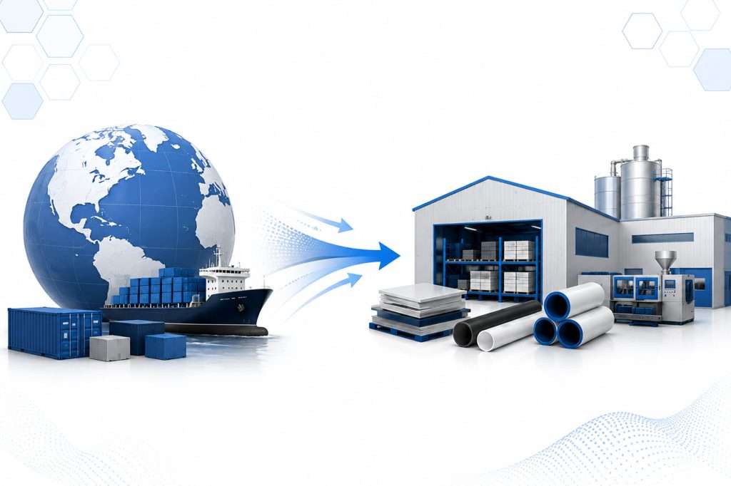 Why Manufacturers Diagram of global plastic supply chain being localized. Chains
